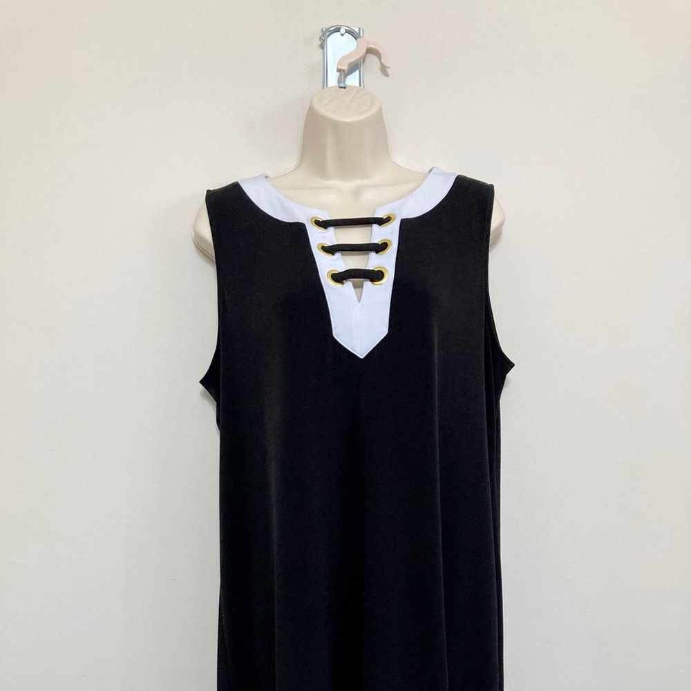 Michael Kors Black Sleeveless Dress, Gold Buckle, Lace Up Front, Size XL, White